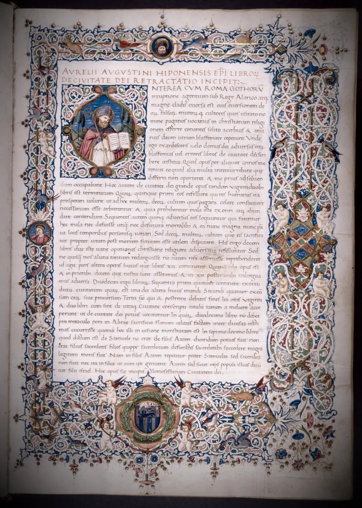Augustine, De Civitate Dei, a 1470 manuscript opening with historiated initial